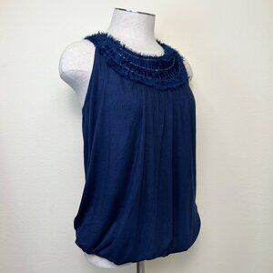 WEST KEI Navy Blue Sleeveless Bubble Tank Top With Textured Ruffled Neckline XL